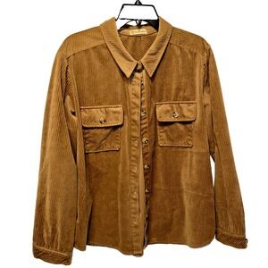 Democracy Long Sleeve Button Down Corduroy Women's Shirt Jacket  Large Dark Tan